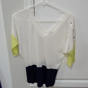 3/4 sleeve blue/white and neonish dressy shirt